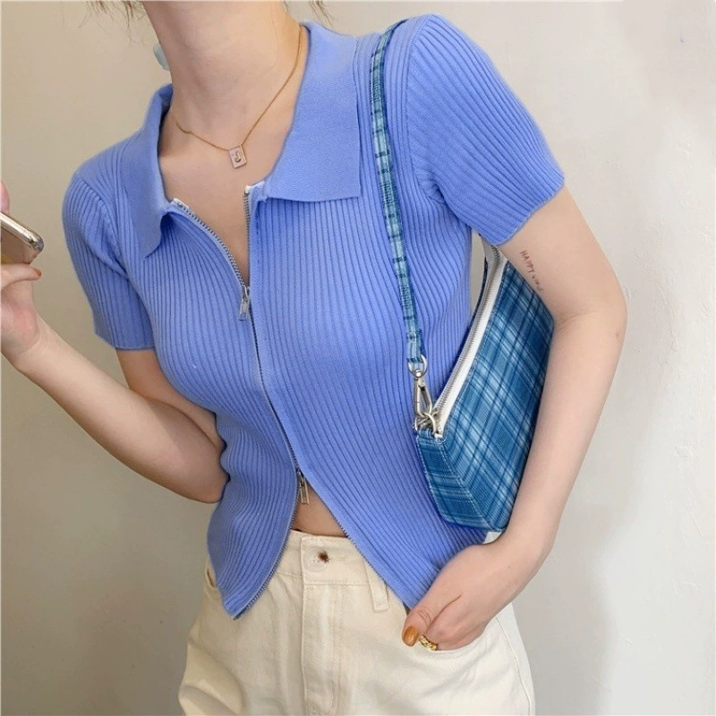 Тонкий синий женский летний трикотажный кардиган с короткими рукавами и застежкой-молнией, модный дизайн в корейском стиле.