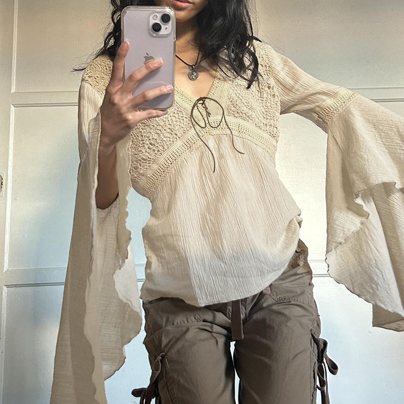 Wilderness Ethnic Style Retro Plaid V Neck Lace-Up Mesh Trumpet Long-Sleeved Shirt Ladylike Elegant Versatile Knitwear