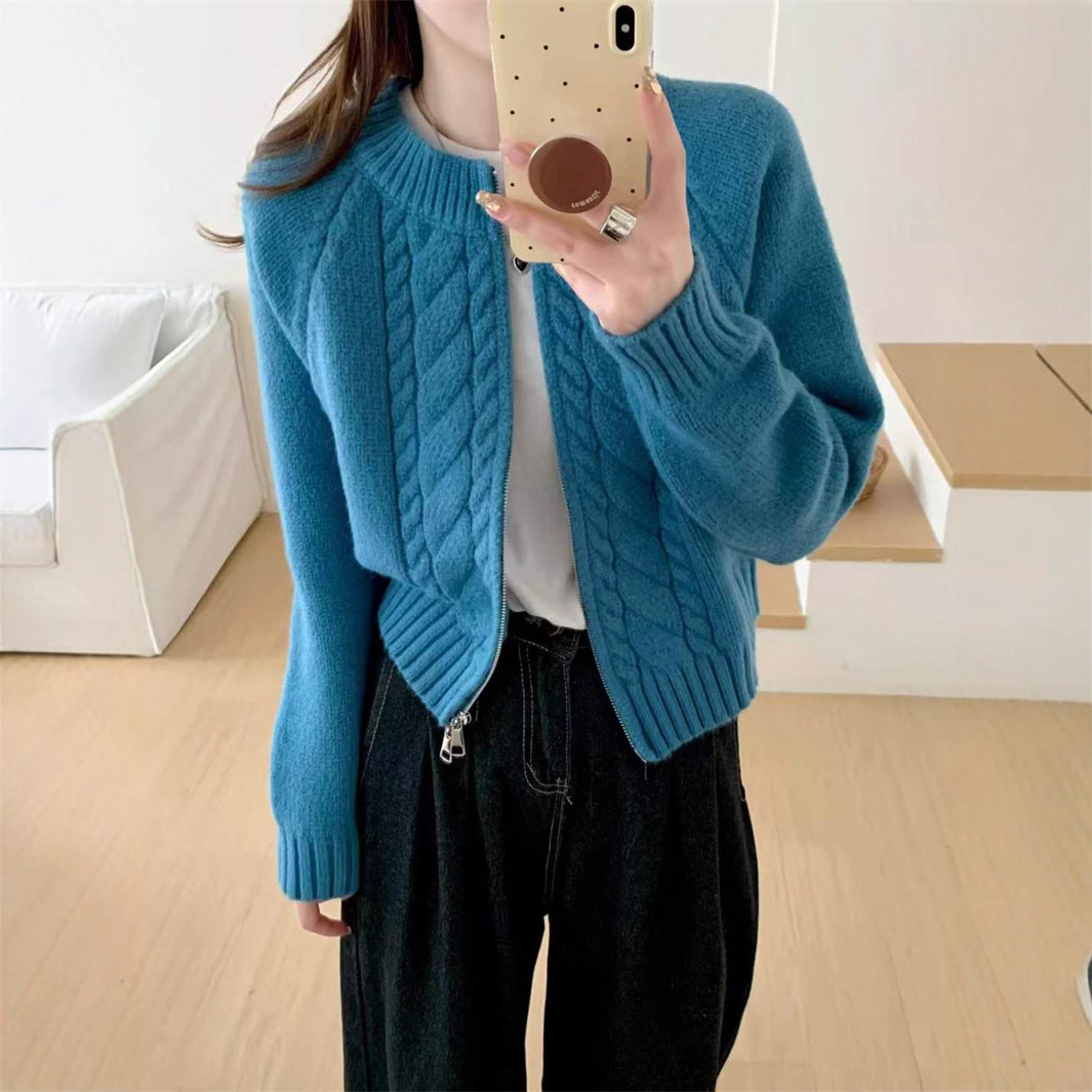复古麻花纯色拉链毛衣外套女秋冬新款小个子软糯针织圆领短款开衫