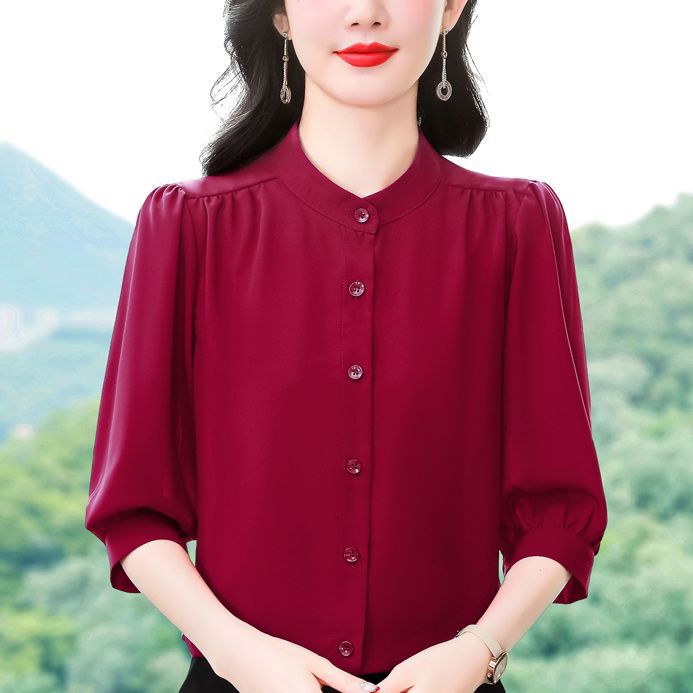Silk Shirt Made of Mulberry Silk, European and American Style, for Women, Mom's Spring and Autumn Blouse, New Chiffon Top, Three-Quarter Sleeve, Summer Silk Shirt Made of Mulberry Silk, European and American Style, for Women, Mom's Spring and Autumn Blouse, New Chiffon Top, Three-Quarter Sleeve, Summer