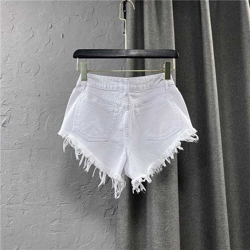 European and American Fashion Low-Waist Shorts Women's Raw Edge Pants 2025 New Summer White Jeans Ripped A-Line Hot Pants Trendy