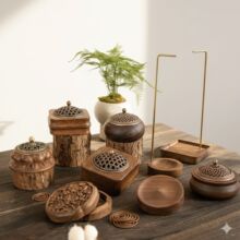 胡桃木茶道实木香炉家用摆件中式室内檀香沉香镂空带盖香熏炉底