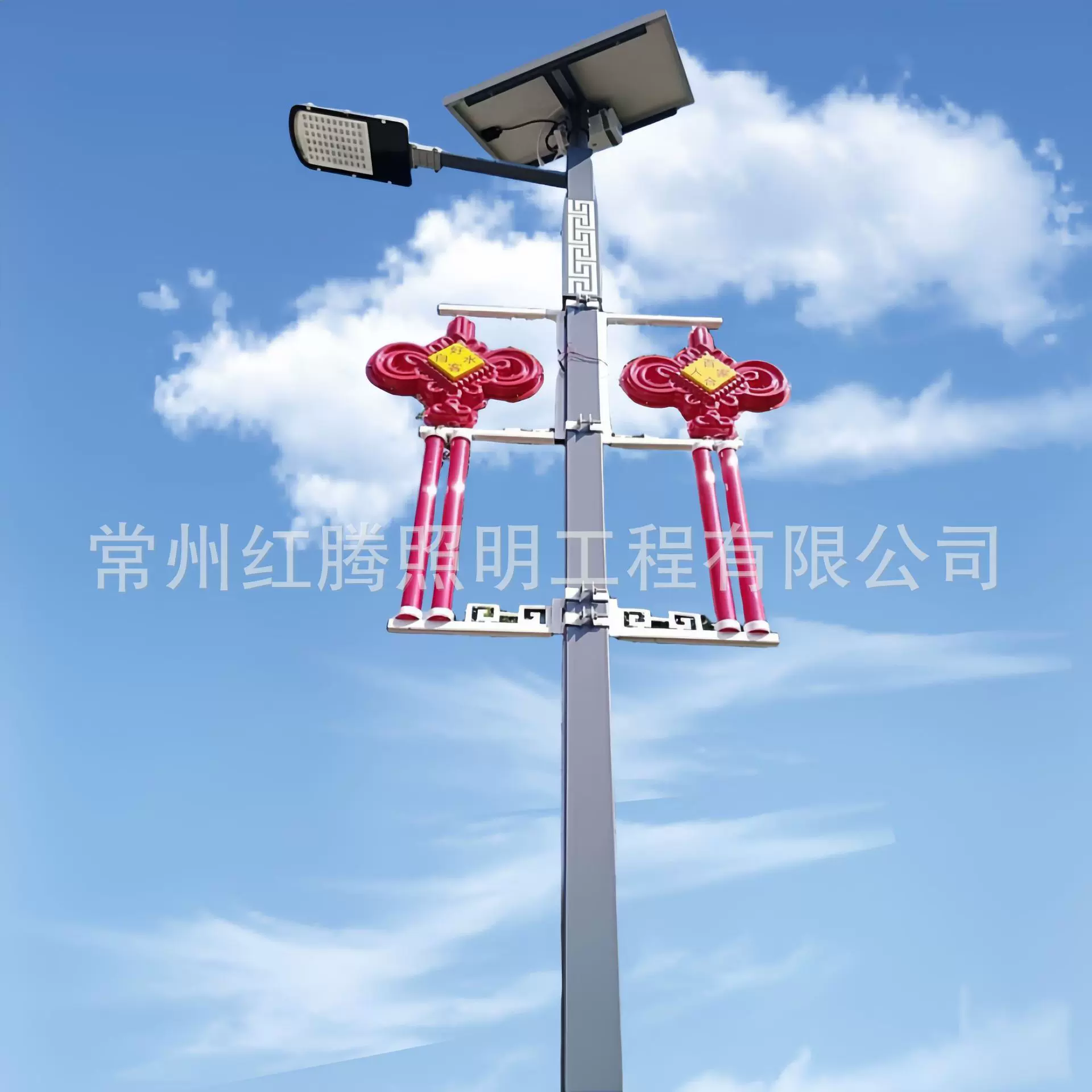 仿古新农村太阳能路灯回纹中式复古特色单臂方路灯户外杆带中国结