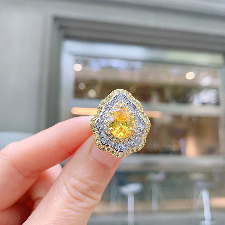 New Pink Diamond with Micro Setting Pear shaped Ring, Colorful Jewelry, Exaggerated Zircon Ring for Women_voghion.com