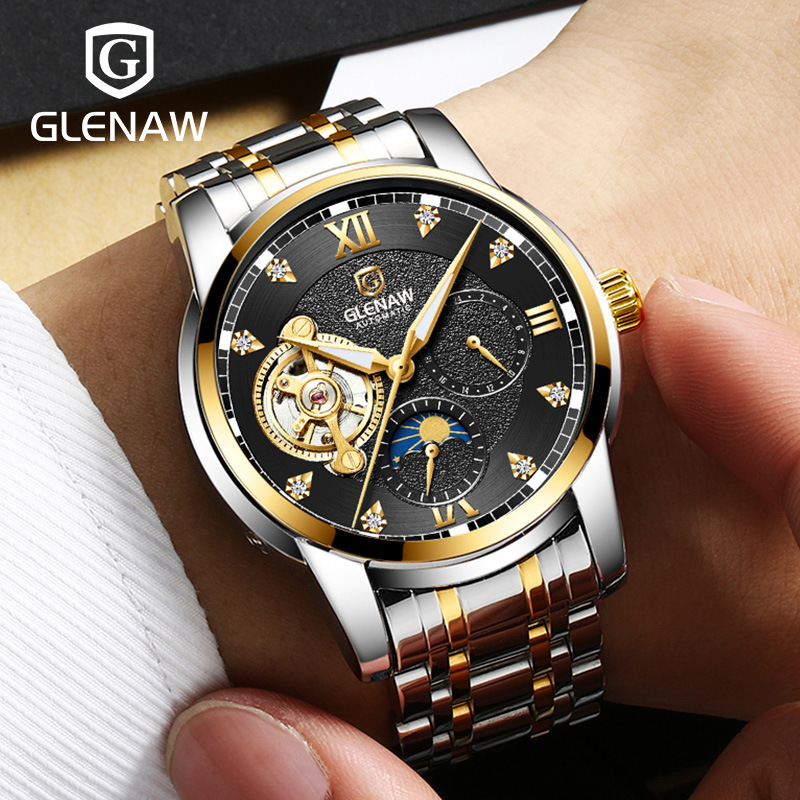 Đồng hồ nam cơ tự động Glenn mặt lộ máy dây thép không gỉ phát quang