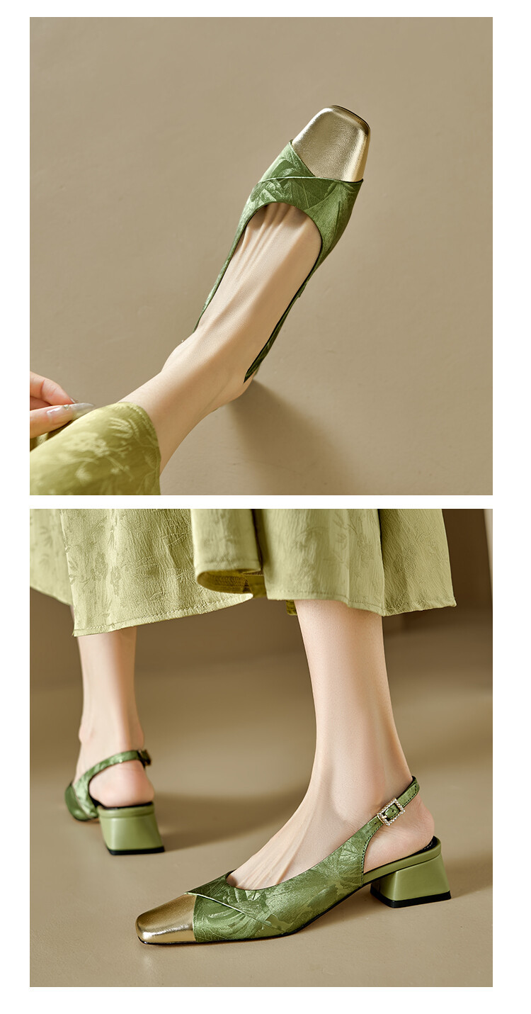 Sandal bít mũi nữ da bò phối màu gót thô 5 cm — Màu xanh lá, Màu mơ chi tiết 9