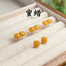 天然蜜蜡耳钉真品老蜜蜡耳钉7mm通体925银蜜蜡方糖耳钉小耳饰