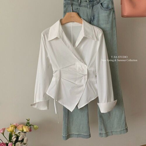 Plus-size designer irregular waist-defined slimming striped shirt—women’s new elegant lapel long-sleeved blouse