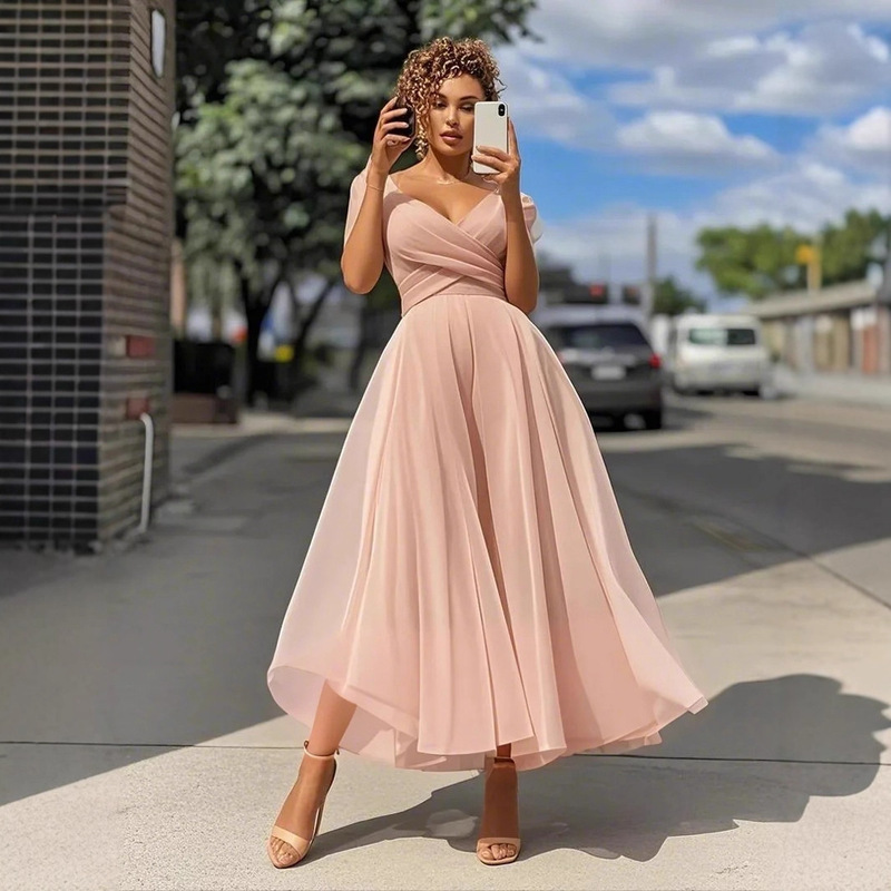 2025 European and American Cross-Border New Women's Clothing Amazon Export Slim Fit Dress Pure Color Party Evening Dress