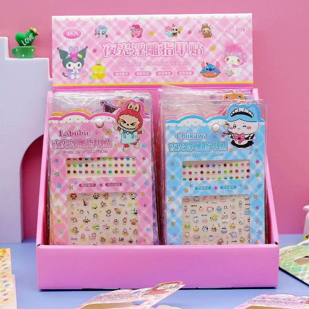 Boutique Store Supply Boxed Luminous 3D Embossed Children's Nail Stickers 2 Yuan Store Products Acrylic Nail Set