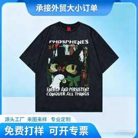 定制美式复古做旧猫咪印花短袖T恤情侣宽松圆领时尚潮流嘻哈上衣