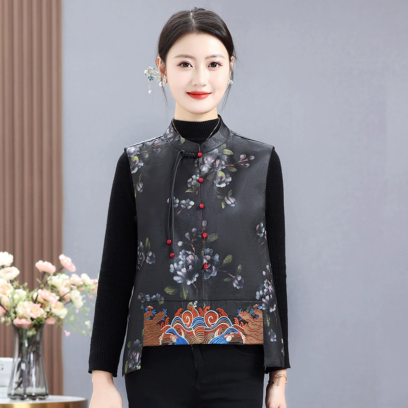 2024 Мамин весенне-осенний стиль в китайском стиле, двусторонний жилет для среднего и пожилого возраста, жилет в китайском стиле, новый жилет в стиле ретро, ​​топ