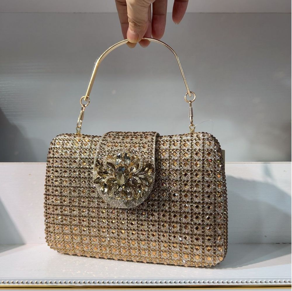 Túi clutch nữ đính đá pha lê dự tiệc sang trọng 19×13.5×4 cm — sâm panh chi tiết 12