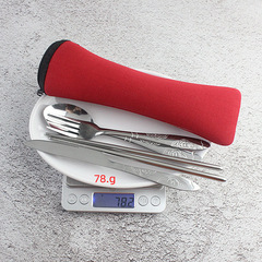 Stainless steel cutlery set, portable three-piece set including chopsticks, fork, spoon, and knife, set with fabric bag, logo printing available