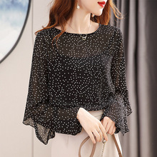 荷叶边波点圆领雪纺衬衫女2023新款气质淑女显瘦百搭碎花长袖上衣