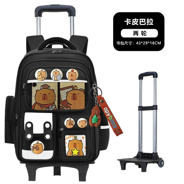 Red backpack, suitcase on wheels