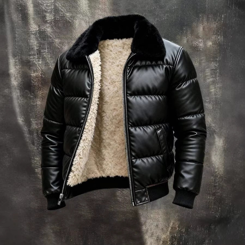 Cross-Border Pu Leather Jacket for Men, Fleece-Lined and Thickened Cotton Coat, Lambswool Lapel Jacket, Motorcycle Leather Jacket, Men's Jacket with Fur Collar and Cotton Lining Cross-Border Pu Leather Jacket for Men, Fleece-Lined and Thickened Cotton Coat, Lambswool Lapel Jacket, Motorcycle Leather Jacket, Men's Jacket with Fur Collar and Cotton Lining