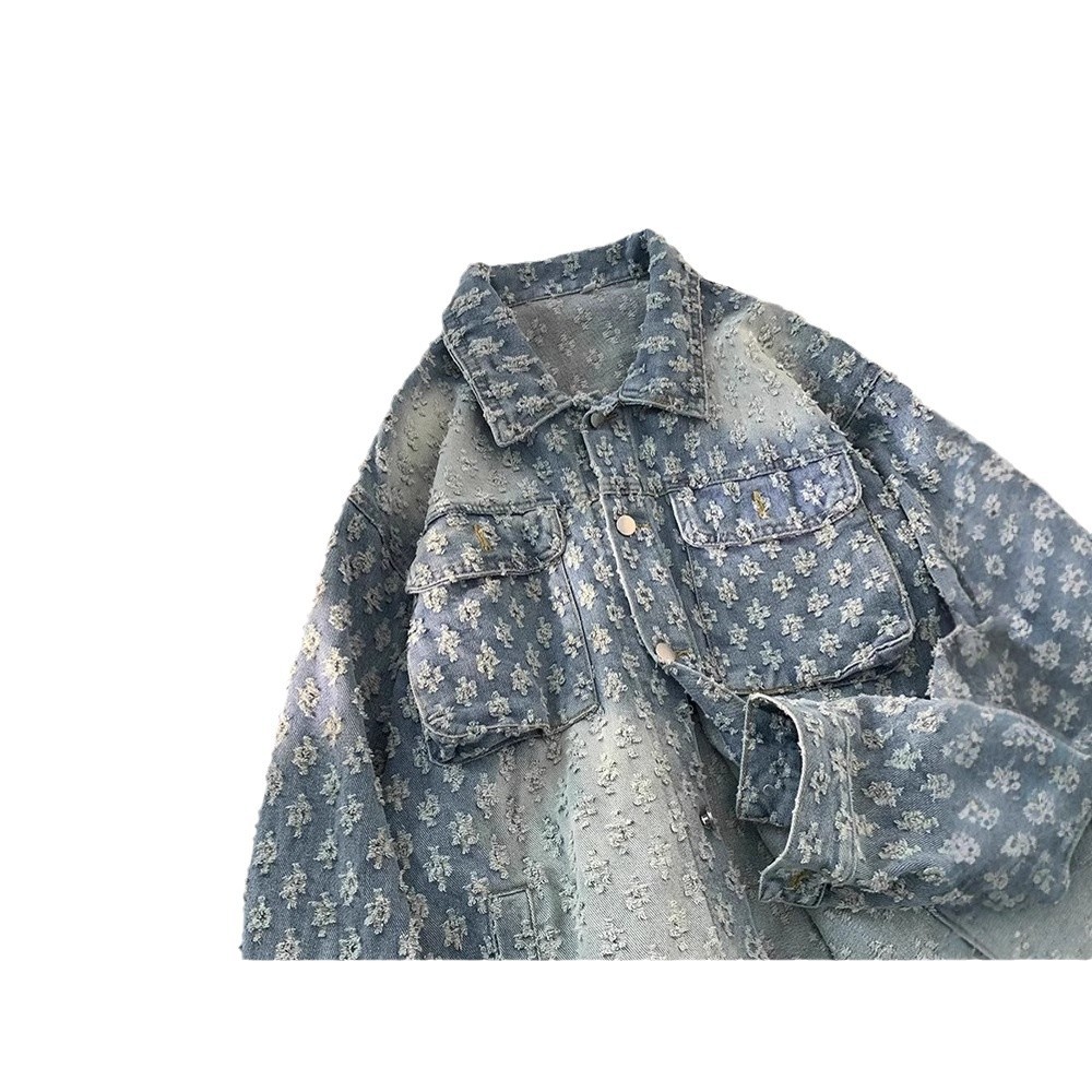 하이 엔드 자카드 데님 재킷 남자의 가을과 겨울 유행 브랜드 헤비 느슨한 재킷 2024 새로운 캐주얼 의류