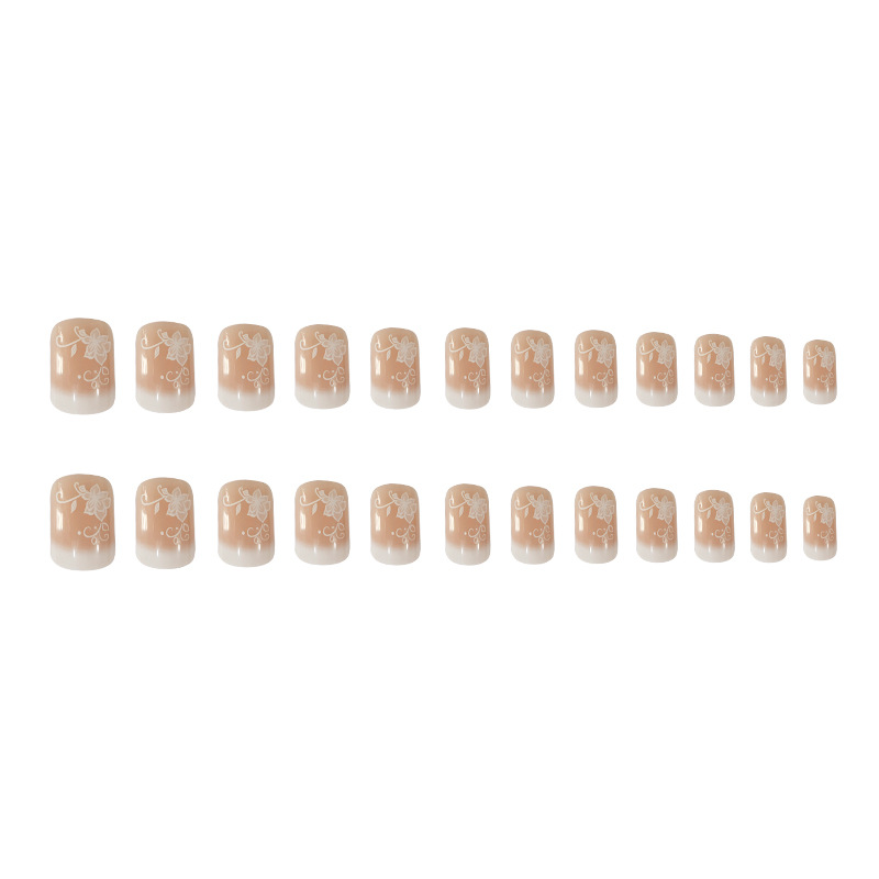 Elegante y delicada flor blanca manicure desnudo francés Uña corta 24 piezas empaquetadas parches de uñas falsas