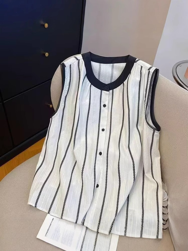 フレンチブラックストライプノースリーブラウンドネックシャツ女性のための夏の新しいルーズコントラストカラー年齢を減らす小さなベストトップ薄い|undefined