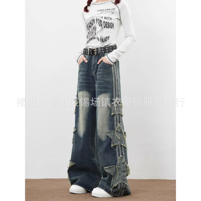 黑色水洗多口袋牛仔裤女胖mm大码夏季高腰宽松直筒裤阔腿工装裤子|undefined