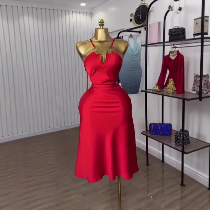 Summer Fashion Women's V-Neck Sleeveless Dress Sexy Suspender Waist Cinching Design Casual Dress_ecoleips.com
