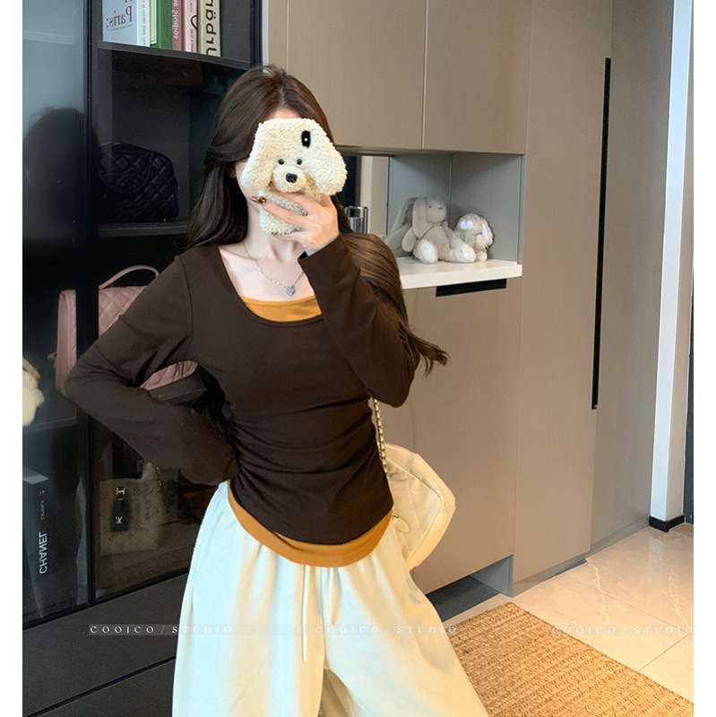 2025秋装新款胖mm大码女撞色别致假两件掐腰显瘦修身内搭长袖上衣|undefined