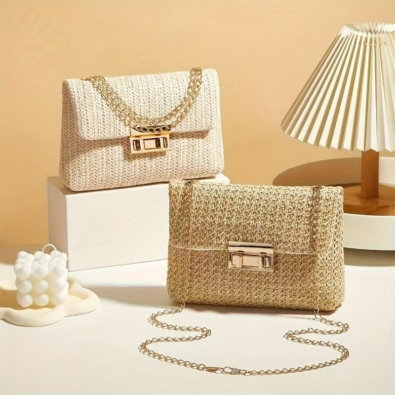 Bolsos de hombro de moda de paja de doble cerradura de viento dulce 2024 verano nueva moda versátil cadena de transporte de viaje bolsa de mochila