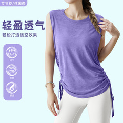夏季抽繩圓領褶皺輕薄無袖運動罩衫涼感透氣性感健身舒適瑜伽上衣