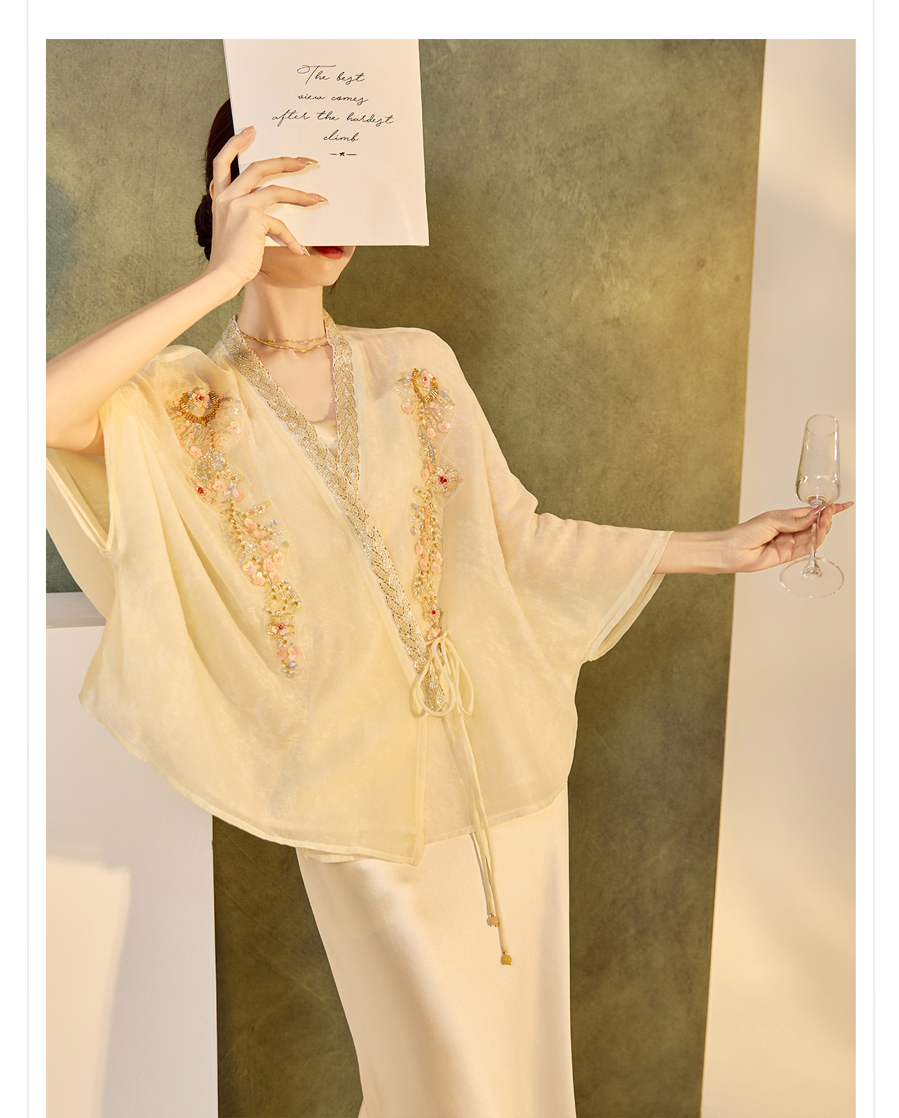 Áo cardigan nữ dáng rộng Tencel thêu hạt phong cách Trung Hoa — hồng, mơ chi tiết 12