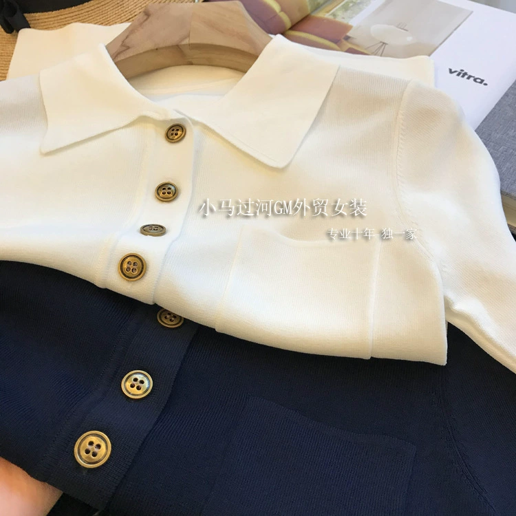 Тет очень тонкий! Стена трещины толчок! Настоящая одежда и темперамент ~ Тонкий французский воротник поло свитер с коротким рукавом Футболка для женщин