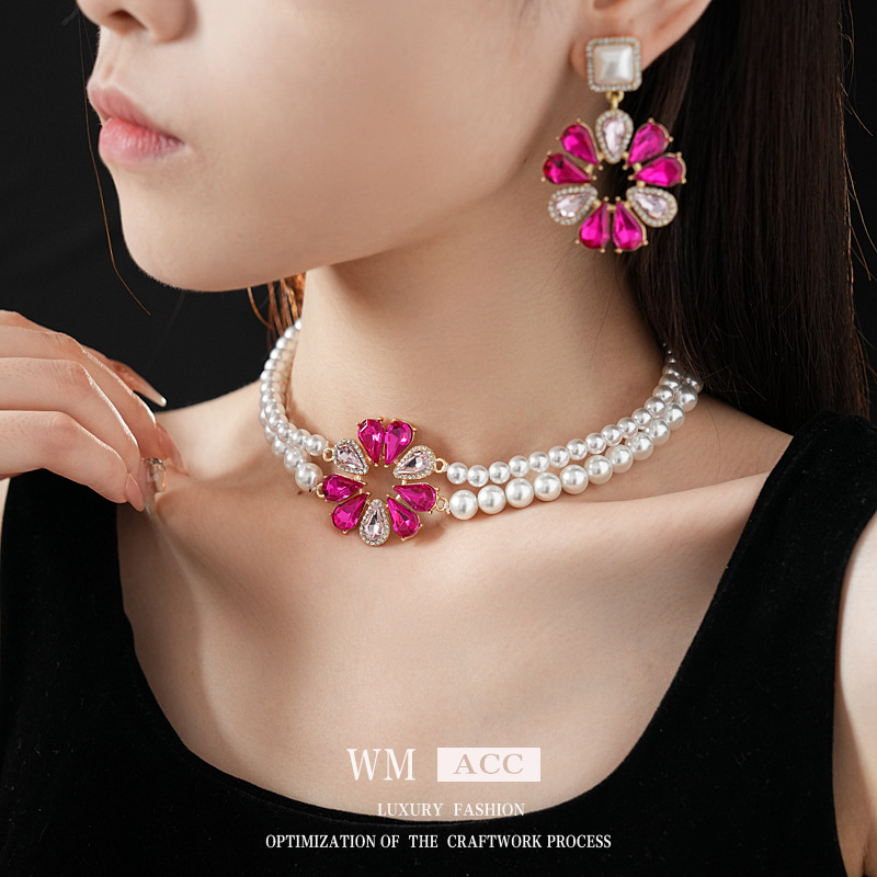 Aguja de plata con diamantes flores pendientes de perlas collares de moda versátil cadena de clavícula multicapa ligera lujo conjunto de joyas de alta calidad