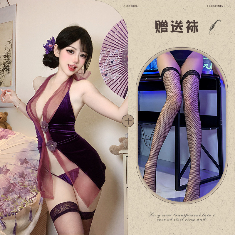 보라색[치파오+T바지]+검은 망사스타킹