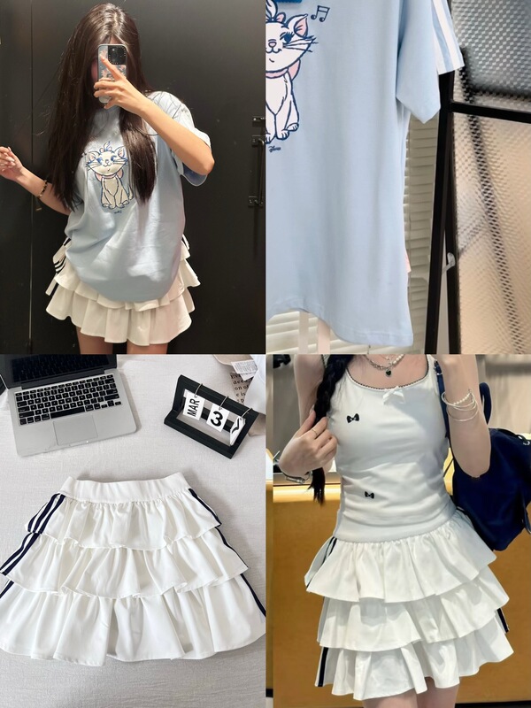 ハイバージョン~2025共同ブランドファッションラウンドネックルーズコントラストカラーキャットプリント半袖Tシャツケーキスカートショートスカート女性用|undefined