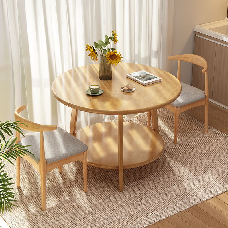 Mesa redonda de doble capa de almacenamiento de madera maciza mesa de comedor de ocio mesa redonda de recepción mesa de negociación balcón mesa de té