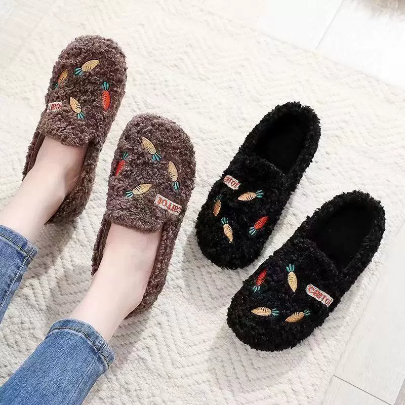 2024冬季新款加绒毛毛鞋子女休闲时尚女防滑软底加厚平底豆豆棉鞋