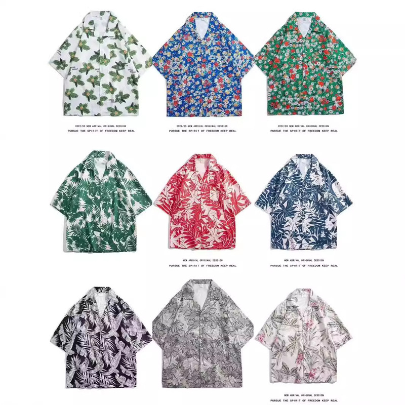 Hong Kong Style Short Sleeve Shirt for Men and Women Couple Summer Loose Thin Hawaiian Beach Floral Cuban Collar Shirt