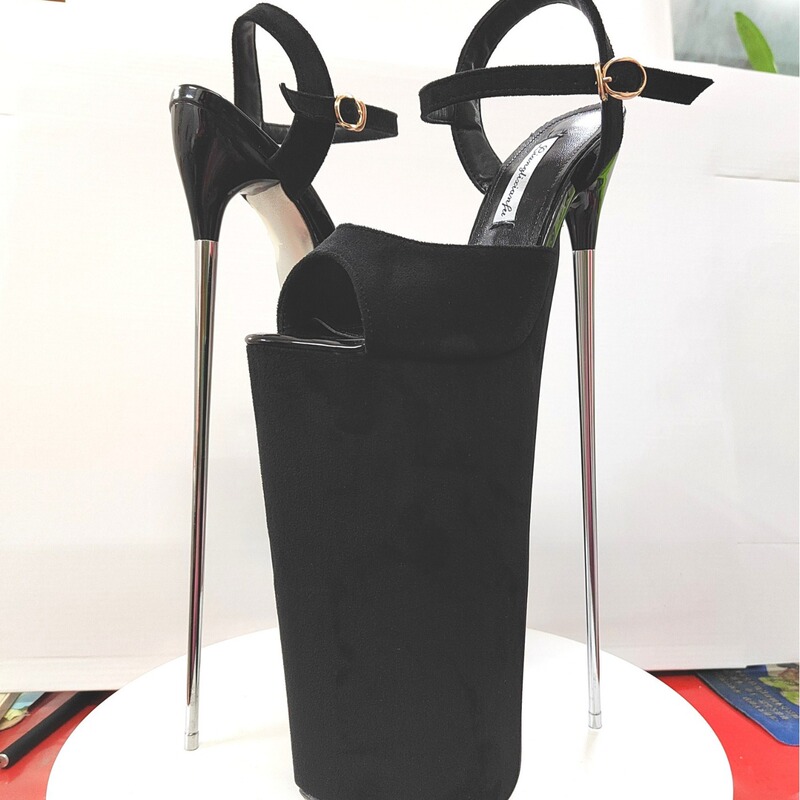Cross-border new ultra-high stiletto heel 30cm steel heel plus size women's sandals suede black buckle hate sky high sexy shoes