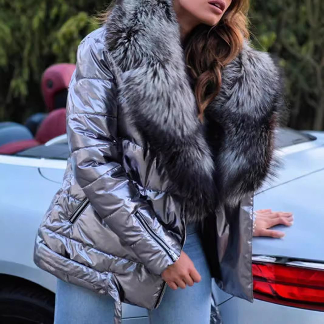 Women's Clothing glossy big fur collar short long sleeved cotton coat Warm jacket cotton coat_voghion.com