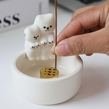 许愿猫咪线香炉创意陶瓷烤手小猫线香插线香座茶道香薰炉白瓷摆件