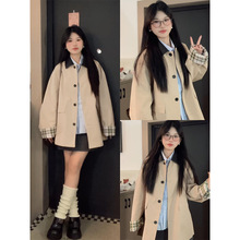 格纹拼接卡其色风衣外套女小个子中长款秋季宽松上衣英伦风大衣