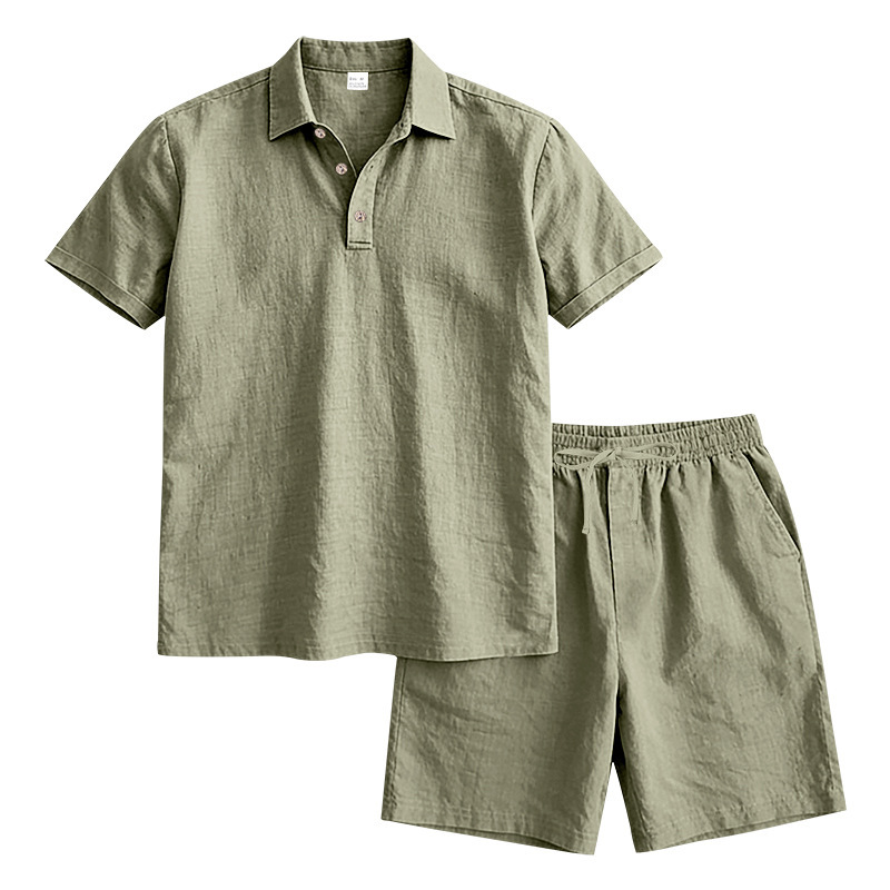 Ensemble polo et short de plage décontractés en lin, style américain, pour homme, idéal pour l'été, les vacances et les trajets quotidiens. Grandes tailles disponibles. Coupe ample. Polo à revers simple et coupe simple._voghion.com