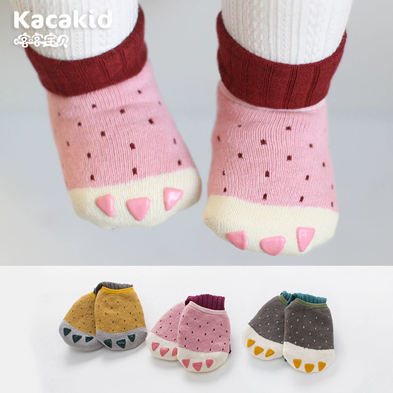 Детские махровые носки для осени и зимы, носки для мальчиков и девочек с точками, в виде лапок и в полоску, нескользящие, до середины икры, оптом.
