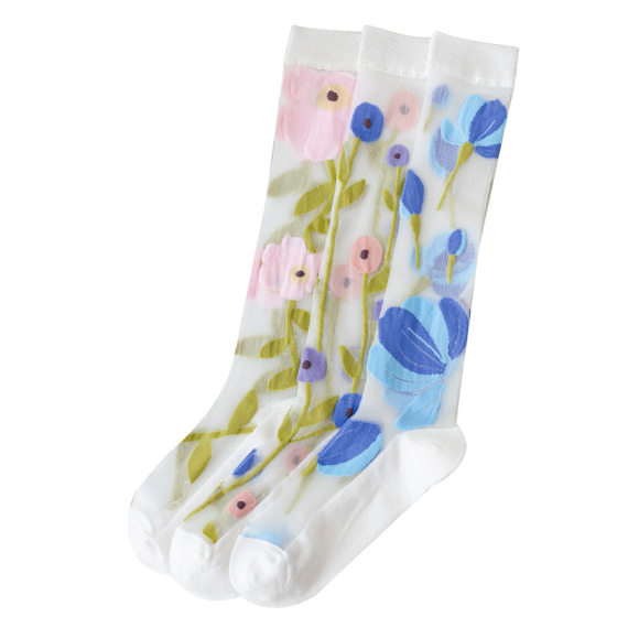 Summer thin calf socks women's Japanese sweet flower transparent glass silk high socks ins preppy style Lolita socks