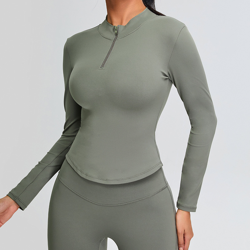 Ropa de yoga de manga larga con cuello alto de otoño e invierno, camisa deportiva de entrenamiento delgado con media cremallera para mujer, camiseta, ropa de fitness transpirable delgada
