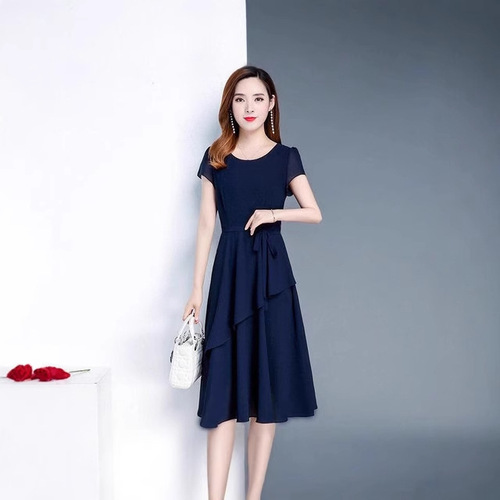 Summer high-end cinched waist slimming age-reducing fitted elegant mid-length A-line round-neck plus-size loose women's dress