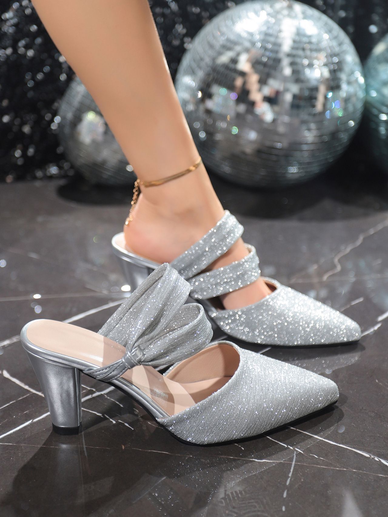 Plus Size Women's Pointed Toe High Heeled Slippers Chunky Heel Sequin Closed Toe Spring European American Style Outerwear_vogvips.com