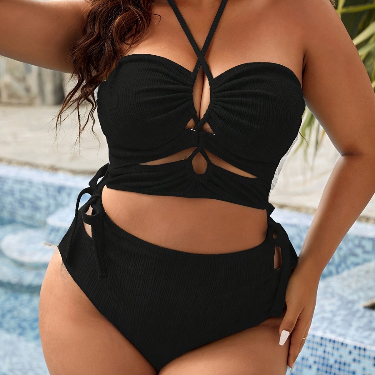 2025 New European and American Aliexpress Cross-Border Export Swimsuit Pure Color Pit Strip Split Swimsuit Female Amazon Bikini