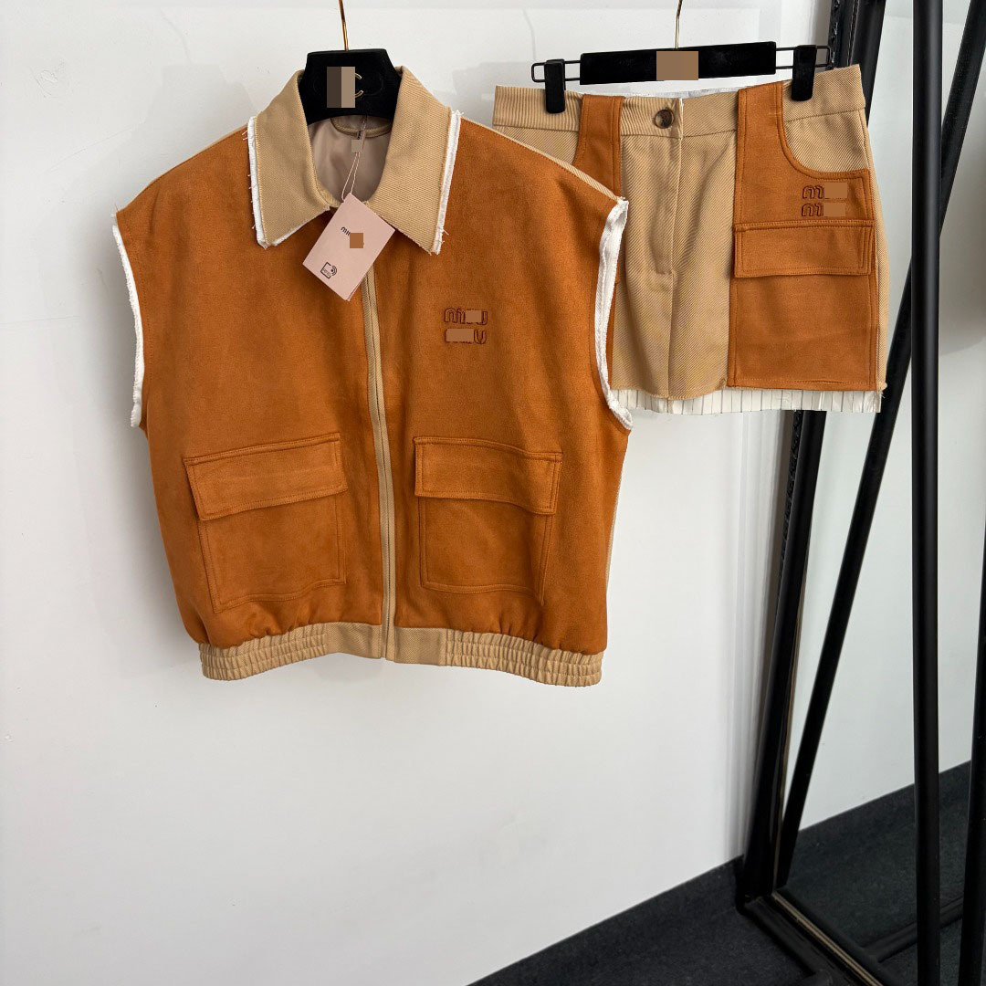 Nanyou High-End Retro Maillard Set: Suede Patchwork Vest Jacket and Fashionable Faux Two-Piece Workwear Short Skirt