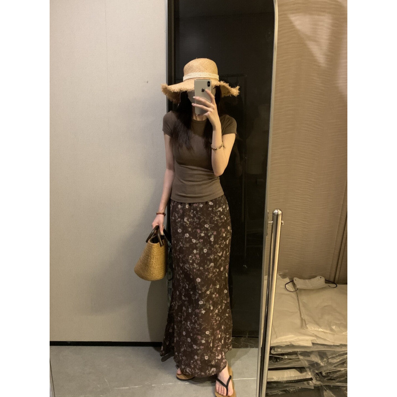Retro High-End Elegant Chiffon Floral Skirt Women's Spring and Summer Printed Texture Elegant Fishtail Long Skirt Retro High-End Elegant Chiffon Floral Skirt Women's Spring and Summer Printed Texture Elegant Fishtail Long Skirt
